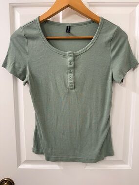 PrettyGarden Sage Green Short Sleeve Button Henley Tee